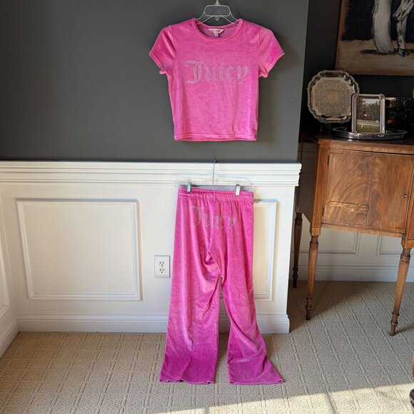 Juicy Couture Pink Velour Bling Logo 2 pc Lounge Set Top Pants Medium - Picture 2 of 9